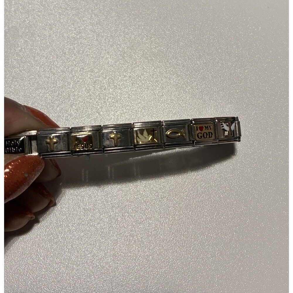 Stainless Steel Silver Stretch Link Bracelet Italian Religious 10 Charms